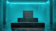 © Aliaga - Stacked concrete pedestals rest within a moody room illuminated by bright cyan lighting