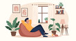 © Adrian - Man in a yellow sweater and blue pants relaxing and daydreaming in a comfortable bean bag chair in a room full of plants.