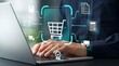 © vector hunt - Online retail manager using laptop with digital shopping cart and logistics interface for efficient order processing and customer service management
