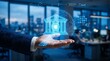 © PureVisualsFrame - Hand using digital security network interface for data protection and global encryption concept