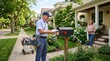 © Felippe Lopes - Friendly mail carrier delivering letters and packages to a suburban home with a woman receiving mail at her doorstep