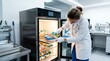 © Katsyarina - Woman researcher in a laboratory checking footwear quality in a temperature control chamber. Quality control professional testing sports shoe material and durability. Industrial innovation test.
