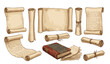 © Creative Studio  - Old paper scroll and vintage book vector illustration set. Ancient blank parchment rolls, antique manuscripts with string, medieval manuscripts and retro historical document icons.