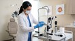 © Elysian Essence - Optometry equipment disinfection, Eye clinic hygiene workflow, Gloved hands cleaning exam device, Safe healthcare environment, Professional medical sanitation