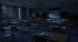 © Hr - Empty classroom interior illuminated by a projector screen displaying a complex equation during nighttime hours