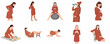 © Patriiciia - Set of pregnant woman illustrations in different poses and situations such as exercising, resting, preparing baby clothes, and experiencing back pain, isolated on white background.