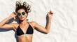 © ANMZAKARIA - Beautiful Young Woman Sunbathing on White Sand Beach | Relaxed Girl in Black Bikini and Green Sunglasses Lying on Tropical Coast | Summer Vacation Leisure and Luxury Lifestyle | Top View Fashion