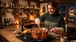 © Felippe Lopes - Woman preparing mulled wine in a rustic kitchen during winter with snow falling outside the window