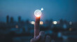 © Md - Target Aim Goal Success Achievement Concept Finger Touching Screen Display at Night Cityscape Glow Business Finance Future Focus Strategy Objective