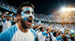 © PictoAi - Argentinian Soccer Supporter in Jersey Shouting with Joy Amidst a Blurred Crowd Under Stadium Floodlights