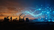 © Raul - Silhouettes of industrial workers and machinery transform into digital blue data streams against a sunset sky