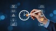 © LUMEN - Hand holding stylus pointing at clock icon surrounded by calendar, team, money and lightbulb symbols, time management and productivity concept.