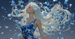 © Surachetsh - Anime style illustration of a beautiful young woman surrounded by floating petals illuminated by warm light as soft wind moves her flowing hair.