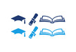 © Creative - Graduation and education vector icons set featuring mortarboard cap diploma scroll and open book in blue colors.