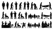 © Nirmal - Silhouette flat vector collection of hospital clinic architecture entourage elements with medical staff and patients