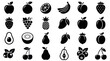 © Meer - Minimalist fruit silhouettes arranged in uniform grid, bold black outlines, modern versatile icons for branding, packaging, nutrition, and education.
