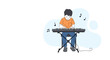 © Miken - Talented young boy sitting and playing an electronic piano keyboard with musical notes floating in the background.