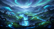 © Tika - Digital artwork of a mystical landscape with glowing blue pathways, ancient trees, and ruins under a vibrant aurora-lit sky.