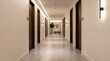 © baidi - Luxurious hotel corridor with symmetrical brown wooden doors, warm linear lighting and a plant at the end