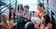 © peopleimages.com - College, friends or clapping with tablet for celebration, exam pass or best score for scholarship. University, happy students or people applause for learning goal, fist pump or yes with tech on steps