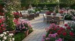 © VIRGHIANTI - A luxurious outdoor patio area surrounded by vibrant rose gardens and lush greenery, featuring comfortable seating and a dining set.
