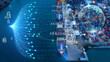 © Yellow Boat - Glowing AI brain, digital data streams, and security padlocks overlaid on a commercial cargo container port. Smart maritime logistics, artificial intelligence supply chain, and secure global trade
