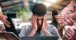 © peopleimages.com - Stress, workload and education with man in college for assignment pressure, scholarship rejection and tired. University deadline, fatigue and tech with overwhelmed student in library for burnout