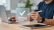 © MediaStockPro - Digital checklist verification on transparent screen with stylus pen, online form submission and approval process, business task management and quality control concept in modern