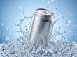 © Kuntal Gain - Aluminum Beverage Can Splashing in Crystal Clear Water Refreshing Drink Concept Isolated on Blue Background