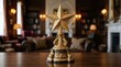 © Sulton - A Gilded Star Trophy in an Opulent Room: An ornate, star-shaped trophy gleams, centered on a polished wooden table, set against the backdrop of a richly decorated, traditional study or lounge.