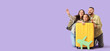 © Pixel-Shot - Family of travelers with suitcase and airplanes on lilac background