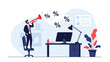 © Damian - Enthusiastic businessman standing on an office chair and blowing a trumpet that emits percent signs to announce sales or discounts.