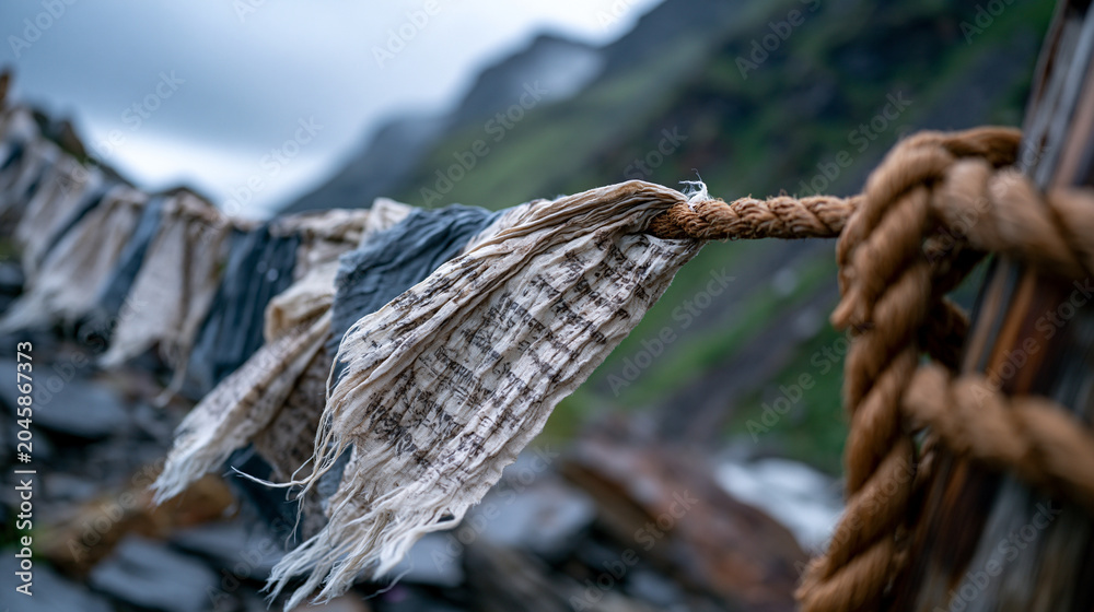 Tibetan prayer flag string blur, wind-tattered cotton khata panels ...