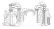 © yati - Detailed line art illustration of ancient ruins, featuring classical crumbling arches, weathered stone columns, and overgrown elements, historical architectural sketch.