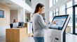 © Segnaless - Young female patient using a digital self service kiosk for appointment check in at a modern hospital reception lobby. Soft natural lighting creates a calm and welcoming contemporary clinic style.