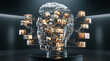 © A.K - Glass human head sculpture connected to small illuminated rooms for marketing.