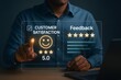 © lisha - Customer satisfaction feedback concept with five star rating and happy face icon on a virtual digital glass screen