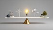 © papa papong - A conceptual representation of environmental balance on a scale, showcasing the contrast between industrial pollution and renewable energy sources like wind turbines and the warmth of a lit bulb