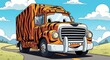 © pradi - Bright orange classic pickup truck on scenic road.