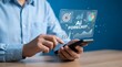 © saidur345 - Professional hands holding smartphone with holographic artificial intelligence forecast interface for business data and market analysis