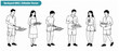 © Fernando - Backyard BBQ vector characters grilling food at summer picnic party featuring group of active people cooking burgers, skewers, corn, chicken, and carrying salad bowl in isolated line art style.