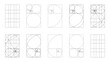 © Hanna - Golden ratio layout. Harmony proportions flat grid. Fibonacci array, numbers shape template. Method golden section sample. Harmony proportions frame mockup. Outline graphic simple illustration.