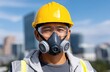 © pvl0707 - Close up portrait of an asian man wearing a yellow hard hat and safety gear while looking at the viewer with city buildings in the background on a clear day