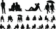 © MstLily - Set of black silhouettes featuring people and couples in various resting, sitting, and relaxing poses with umbrellas
