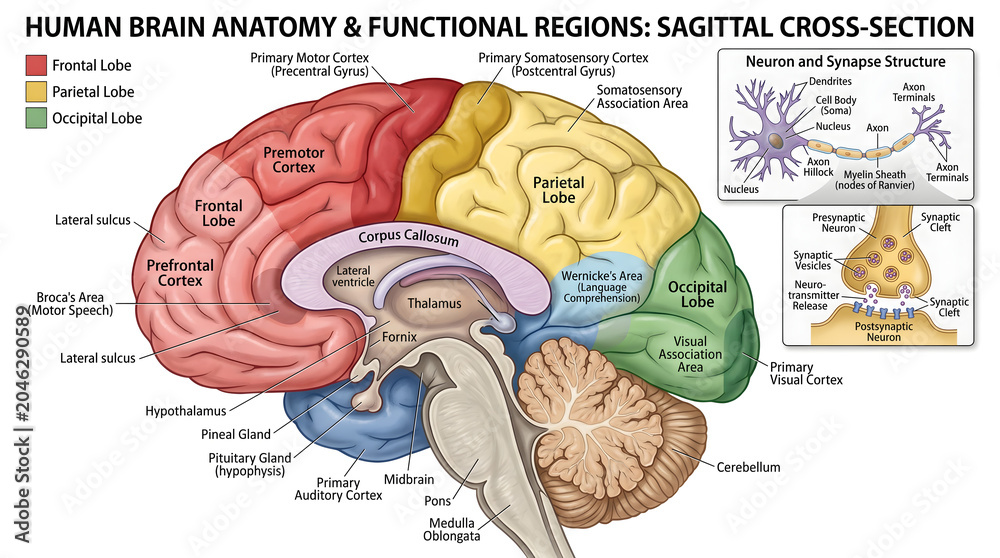 Human brain anatomy illustration shows detailed sagittal cross-section ...