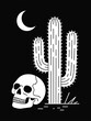 © MdNasir - Minimalist white line art illustration featuring a human skull beside a saguaro cactus under a crescent moon at night.