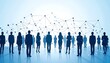 © Mangku - A group of people silhouettes in business attire standing on a blue floor with a network of lines and nodes behind them