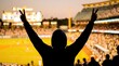 © Creatify_Tech - Silhouette of happy fan raising arms with peace signs at sunset baseball stadium cheering during sports match.
