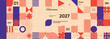 © Molibdenis-Studio - Geometric abstract design featuring bold red and blue patterns on a beige background. The layout includes various shapes and text elements, creating a modern and dynamic visual appeal.