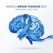 © PixelCorp.ai - World Brain Tumour Day awareness poster featuring a human brain crafted from layered paper-cut elements with a flowing blue awareness ribbon.